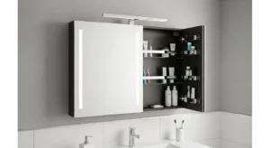 bathroom mirror with hidden shelf storage behind it