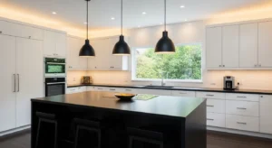 matte black pendant lights creating contrast above kitchen island