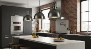 industrial pendant lighting over kitchen island with metal finish