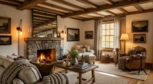 wooden beam ceiling in french country living room