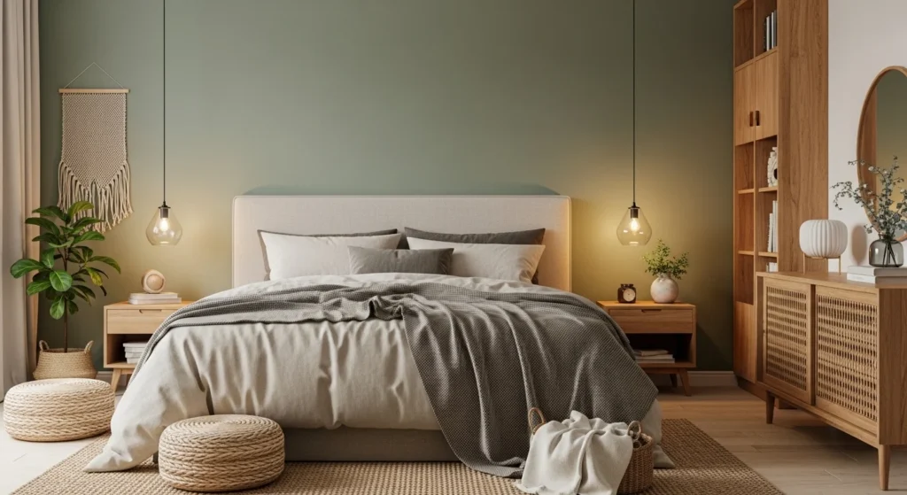 earthy bedroom with sage green wall beige bedding and natural wood decor creating calm and natural bedroom color scheme