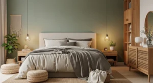 earthy bedroom with sage green wall beige bedding and natural wood decor creating calm and natural bedroom color scheme