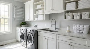 built in cabinets in laundry room for hidden storage