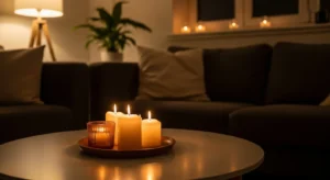 candles in living room creating warm cozy lighting ambiance
