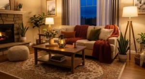 warm lighting in brown living room enhancing coziness