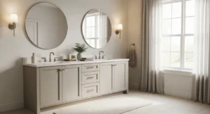 neutral double vanity bathroom with warm tones
