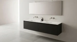 floating double vanity creating spacious modern bathroom