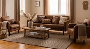 patterned brown decor adding interest to living room