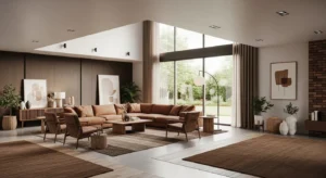 open layout brown living room with spacious feel