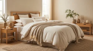 cream and brown bedroom with soft earthy color scheme