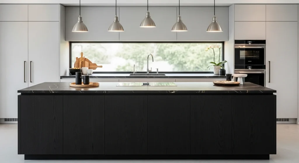 Statement kitchen island with contrasting colors and modern design