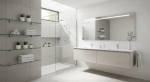 glass shelves in bathroom creating light and uncluttered look