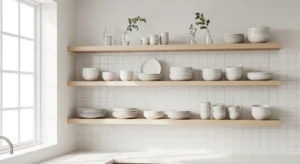 open shelving in scandinavian kitchen with simple decor