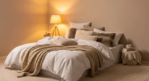 beige and white bedroom with calm neutral color scheme
