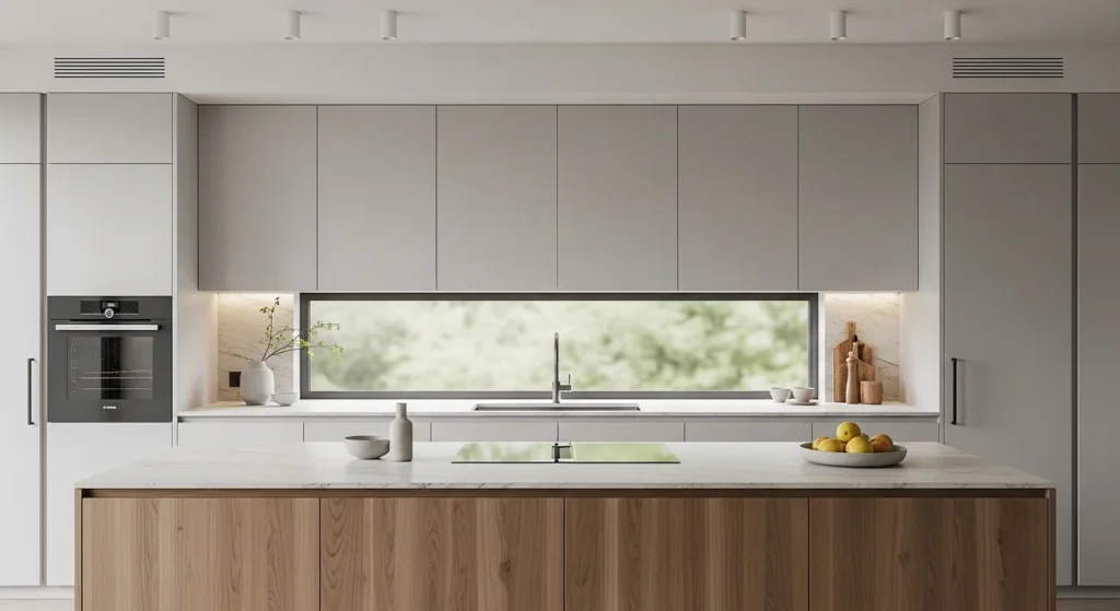 Minimal kitchen design with fewer upper cabinets and open space concept