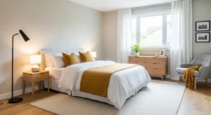 mustard accent bedroom with warm earthy color scheme