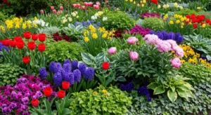 mix of flowers and greenery in front yard flower bed
