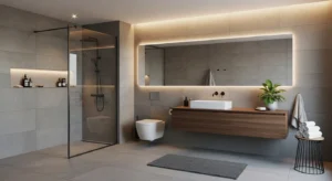seamless bathroom design with matching wall and floor tiles