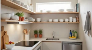 open shelving kitchen in shed house for airy feel