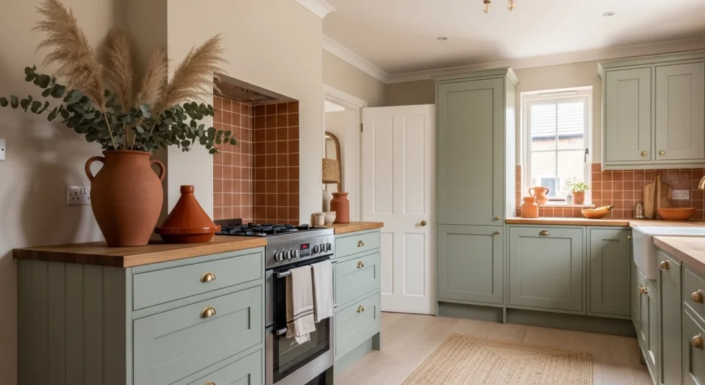 Earthy tone kitchen with green cabinets and natural color palette