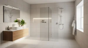 glass partition in bathroom creating open airy layout