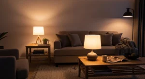 soft lighting in french country living room creating cozy vibe