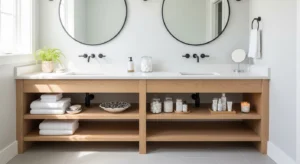 open shelving in double vanity bathroom for easy access