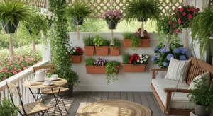 vertical plant display on small front porch saving space