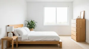 white and wood bedroom with clean earthy aesthetic