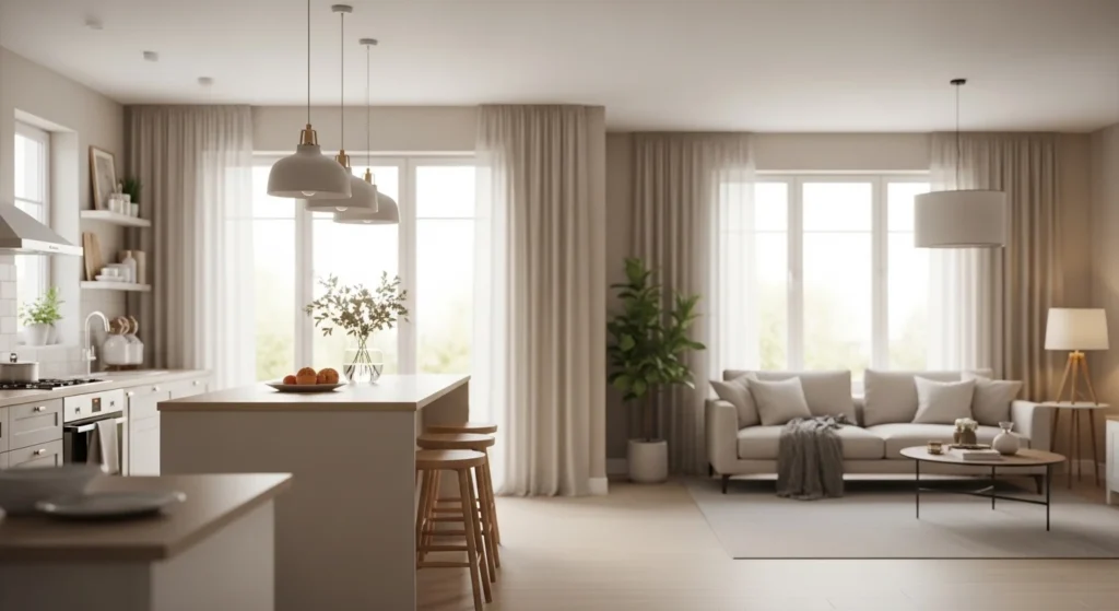 open kitchen and living room layout with modern design neutral tones and spacious airy interior ideas