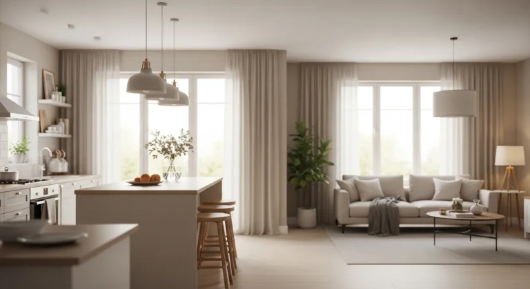 open kitchen and living room layout with modern design neutral tones and spacious airy interior ideas