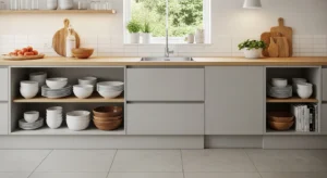 open lower shelving in kitchen for light look
