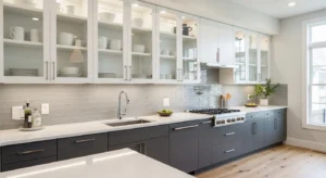 glass front kitchen cabinets creating airy feel