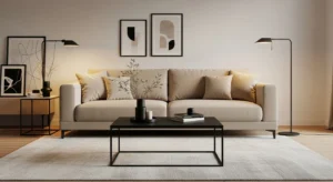 beige and black living room with cozy sofa and modern decor creating balanced warm neutral design
