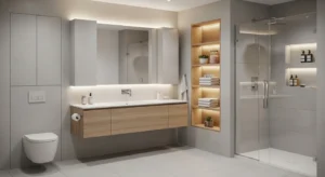 built in bathroom storage for clutter free space