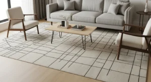 beige rug with black pattern tying room design together