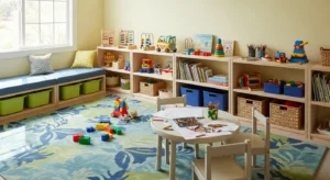 low storage shelves in kids playroom for easy access
