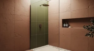 earth tone shower design with calming colors