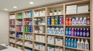 vertical storage shelves in small laundry room