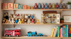 open shelving in kids playroom showing toys clearly