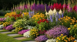 layered plants in flower bed creating depth and visual interest