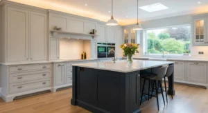 neutral cabinets with bold kitchen island contrast