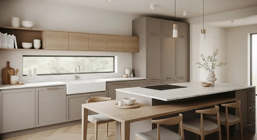 taupe kitchen cabinets with white countertops and warm lighting creating soft modern kitchen design