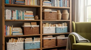 baskets on bookshelf for hidden book storage