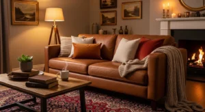 brown leather sofa in modern living room design