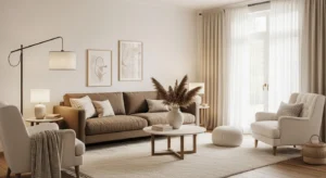 brown and cream living room with warm cozy balance