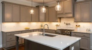 warm lighting enhancing taupe kitchen cabinets