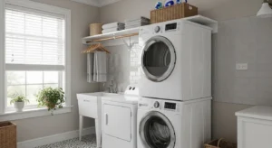 hanging rod in laundry room for drying clothes