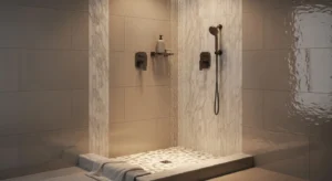 tone on tone shower tiles creating soft layered look