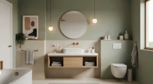 modern bathroom with sage green beige and warm white tones showing fresh and timeless bathroom color ideas for 2026
